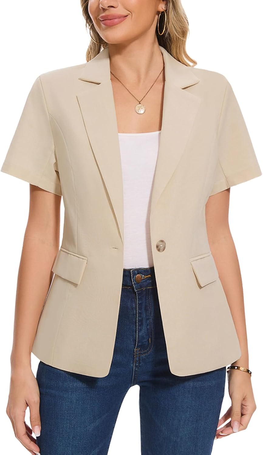 MINTLIMIT Women's Cotton Linen Blazer Jacket Short Sleeve Summer Casual Lightweight Button Lapel Blazers with Pockets