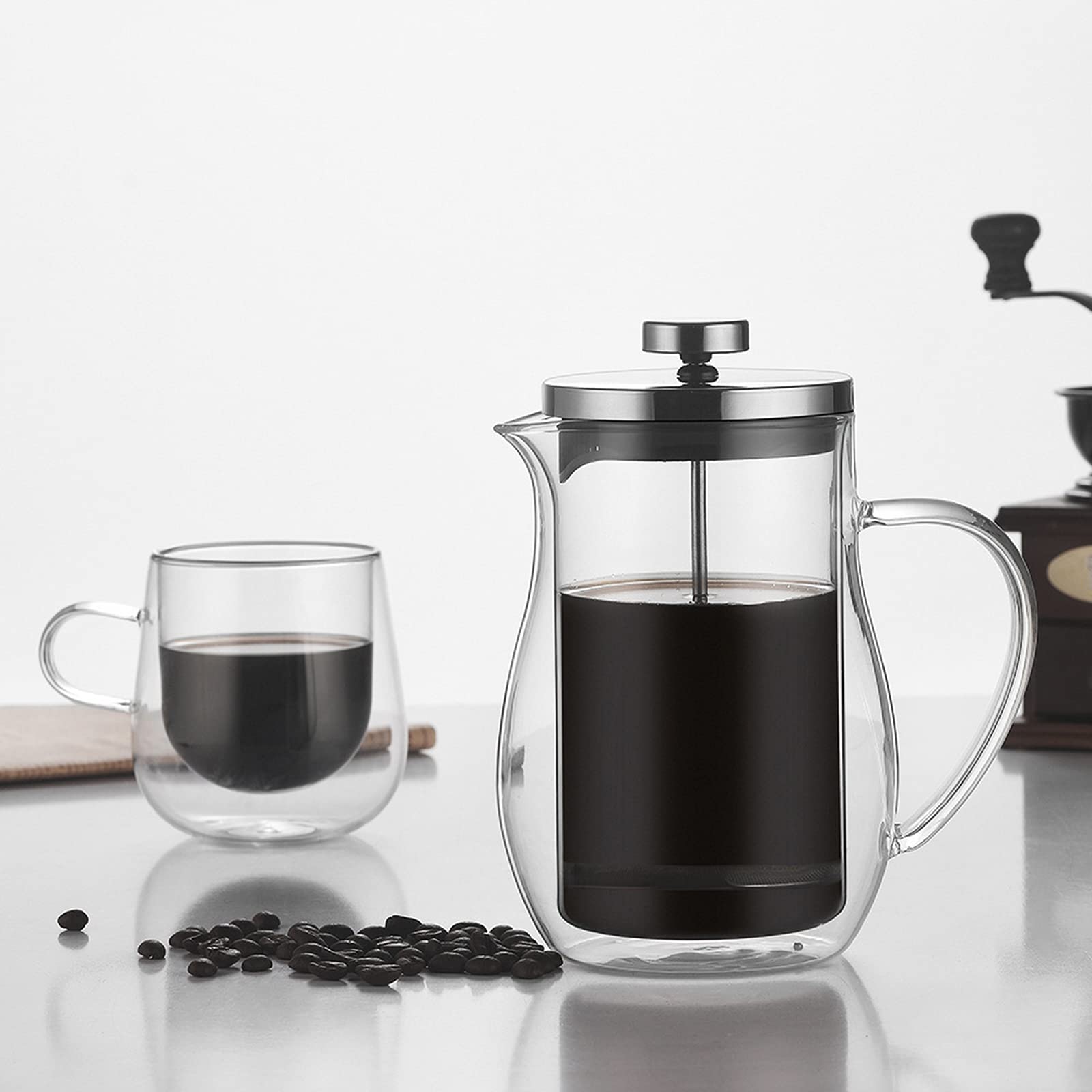 French Press zaparzacz do kawy dzbanek do herbaty podwójna ścianka szkło borokrzemowe 304 system filtracji ze stali nierdzewnej przezroczysta prasa do kawy, bursztyn, 600 ml