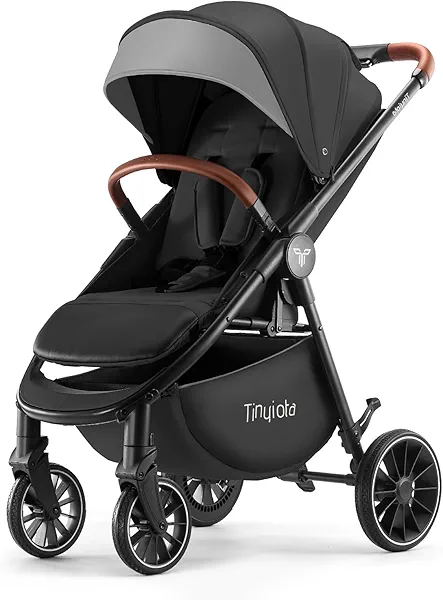 Tinyiota Baby Stroller, Infant Stroller with Large UPF 50+ Canopy,Luxury Pram Strollers with Leather Handle & Spacious Seat, One-Hand Foldable Pushchair, Toddler Carriage with Lie-Flat Mode(Black)