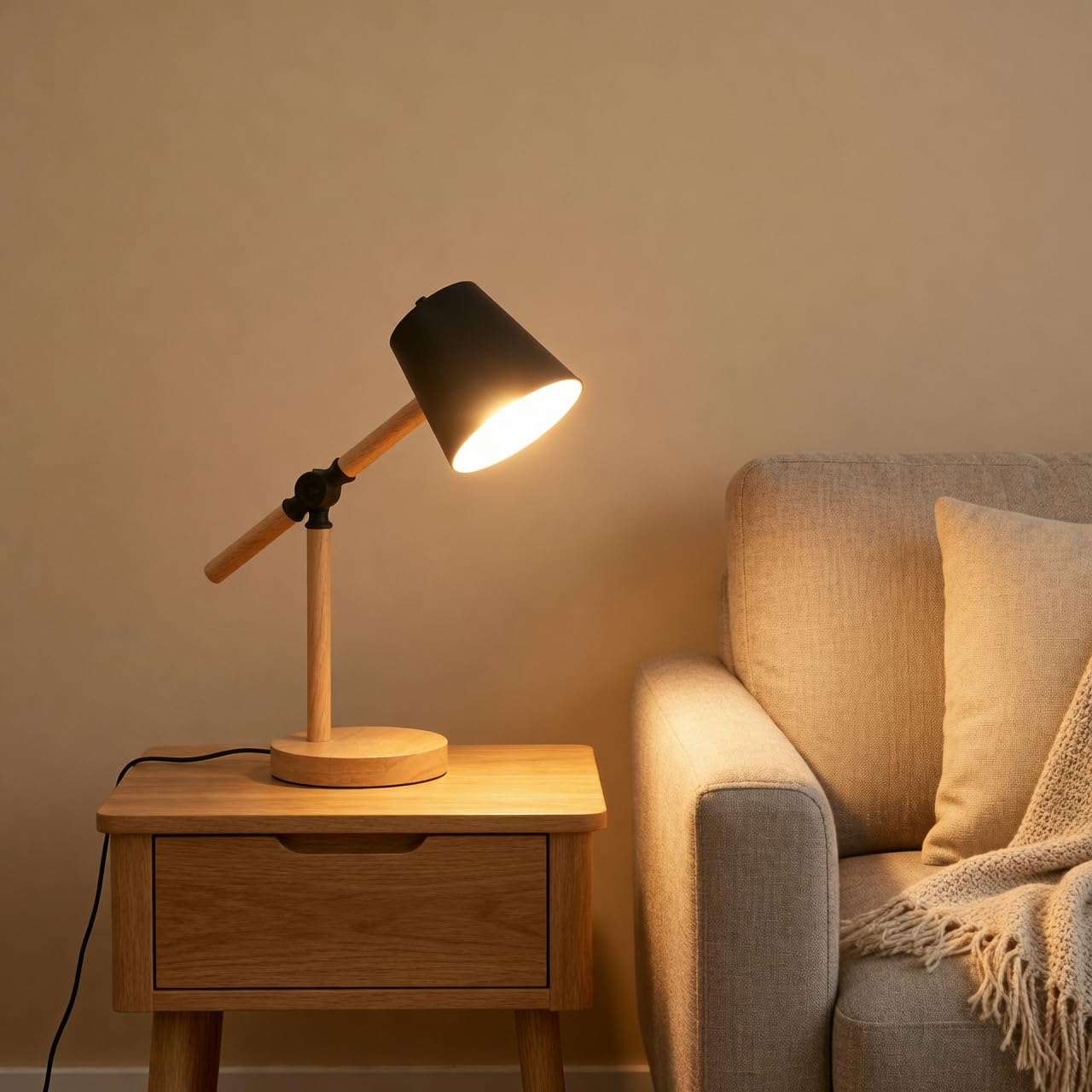 Mufasa Black Wooden Finish Long Arm Modern Study Lamp, Desk Lamp Table Lamp Best for Home Office Kids Room Library with Wires On/Off Switch (45CM Height) (Bulb Not Included)-image-6