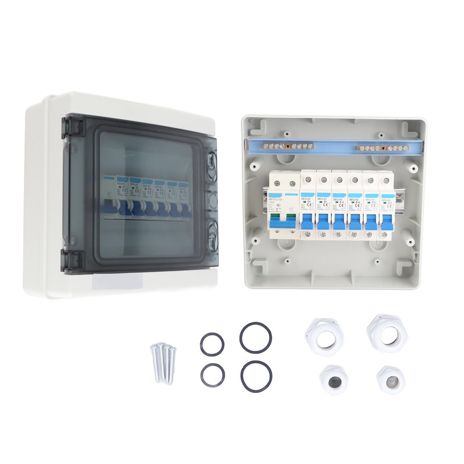TOPINCN 6 MCB -Verteilungsbox (2xb6a + 2xb16a + 2xb32a) Hauptschalter 100A 6 EU -Routen Elektrische Sicherheit für Externe Verwendung ABS + PC Caravans