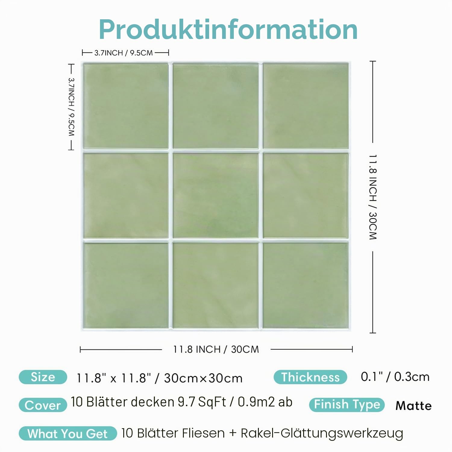 Commomy 3D Selbstklebend Fliesenaufkleber 30 x 30 cm PVC Matt Salbei Grün für Küche Bad Metro Wanddekor