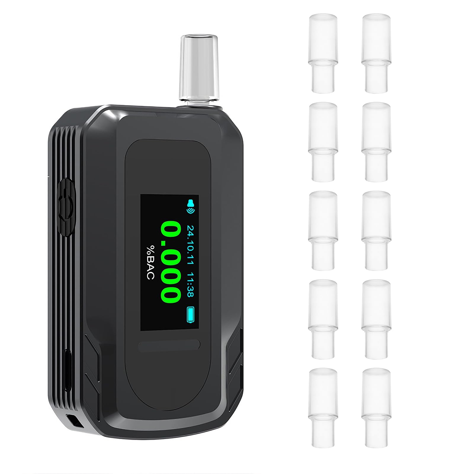 Alcoholímetro Policial con 10 boquillas, Etilometro Homologado portátil con Sensor electroquímico y Recargable USB, Test Alcoholemia de precisión Profesional para Uso en hogar/Coche