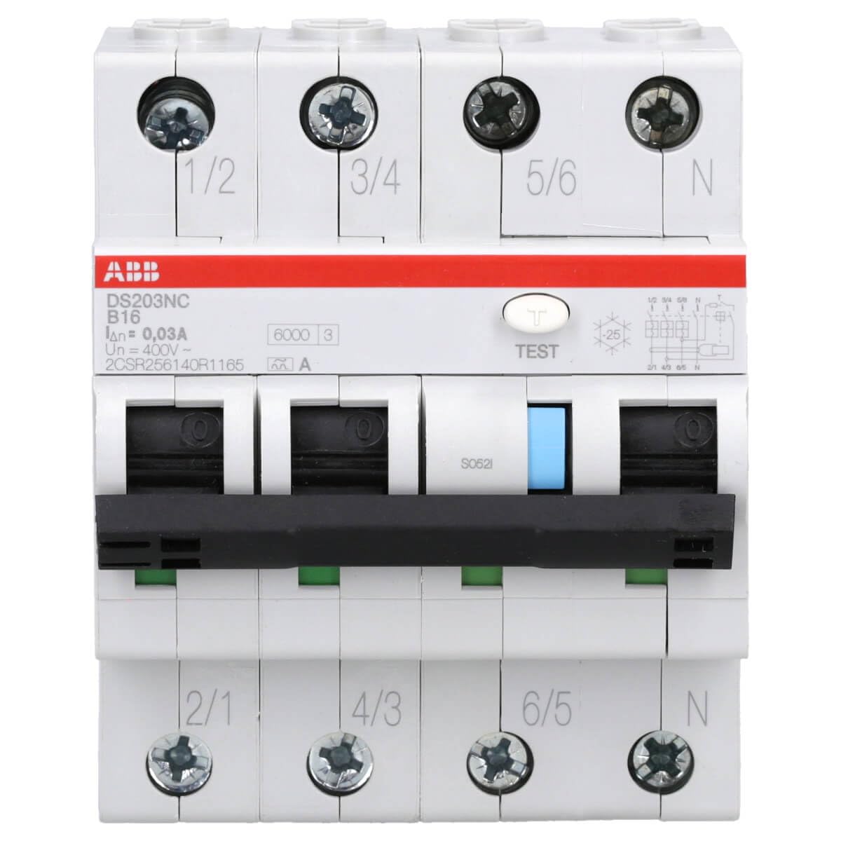 ABB DS203NCA-B16/0,03 FI/LS-Schalter RCBO - 3P+N, Typ A, B 16A, 30mA | Kombinierter Fehlerstromschutz und Leitungsschutzschalter - 6kA Schaltvermögen - 4TE Baubreite 2CSR256140R1165