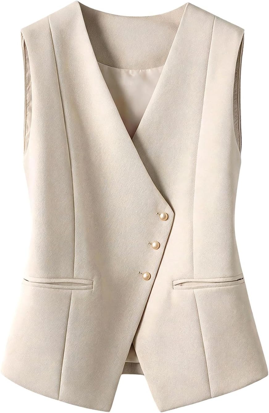 Verdusa Women's Button Up Blazer Vest Sleeveless Asymmetrical Tops with Pocket Business Casual Outfits