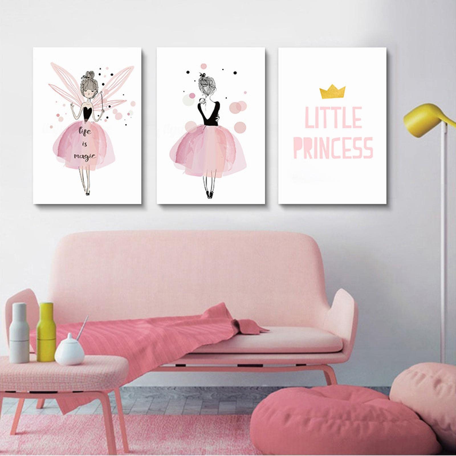 Cuadro de decoración de dormitorio de niña pequeña princesa con estampado de cartel de arte de pared de guardería rosa, cuadro de lienzo para habitación de niños, 43x65cm (17x26in) x3