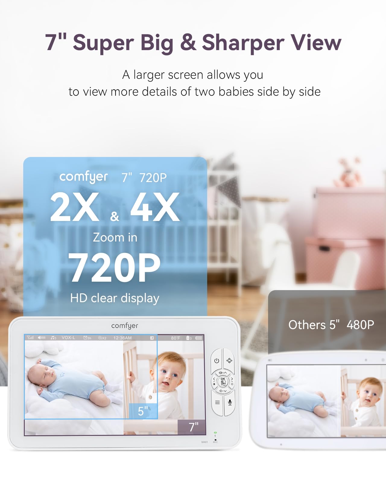 Comfyer BM01 7" Split-Screen Baby Monitor with 2 1080P Cameras, 720P HD No WiFi Monitor with a Flexible Bracket - Image 3