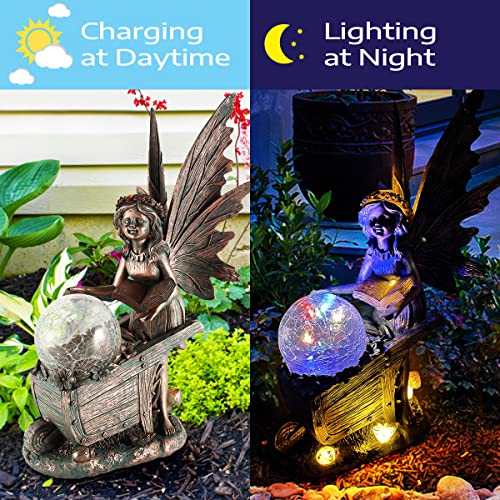 Mibung Large Fairy Angel Garden Sculpture Statue With Solar Lights, Resin Bronze Fairy Elf Girl Figurine With Crackle Glass Globe, Outdoor Patio Lawn Yard Decoration, Halloween Christmas Ornament Gift #TOP3