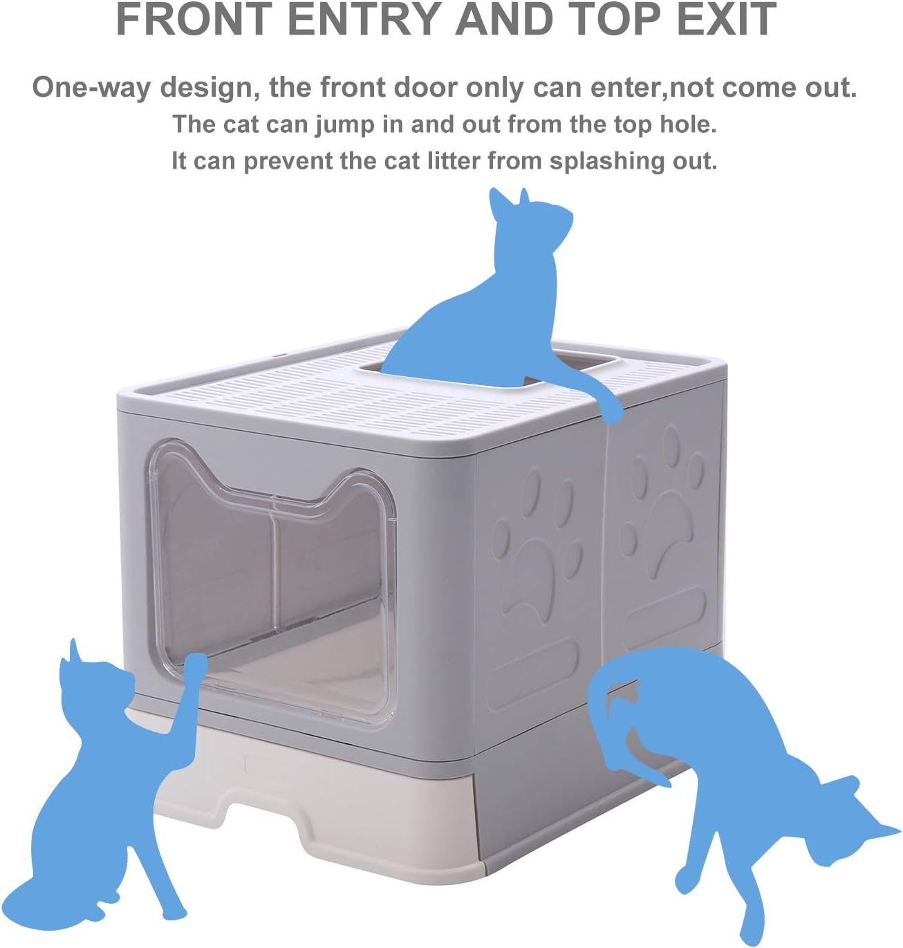 Foldable Cat Litter Box, Covered Cat Toilet ,Front Entry and Top Exit Type Anti-Splashing Cat Potty, Easy to Clean Including Cat Litter Scoop (Grey)