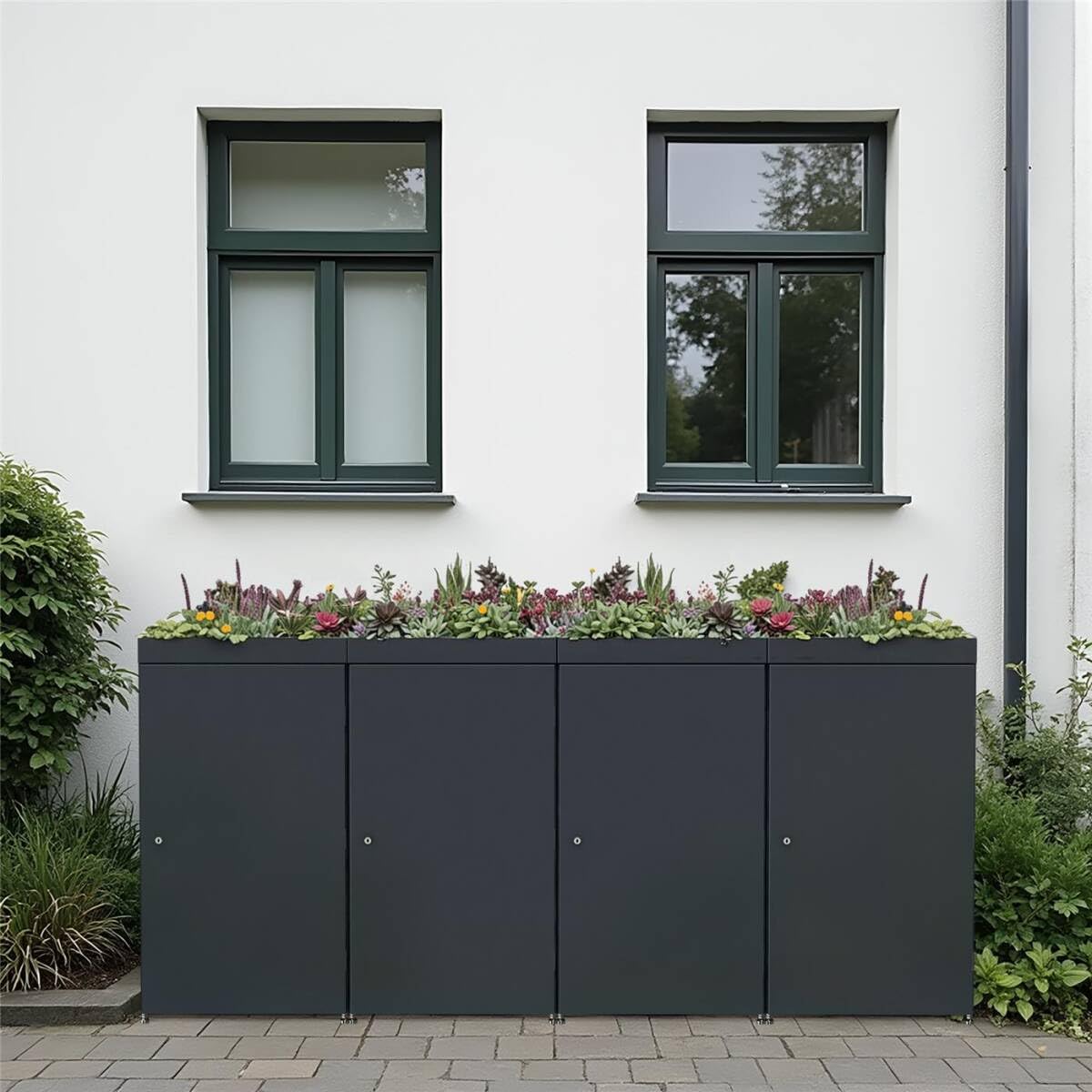 Metzler Mülltonnenbox 4er 240L in Anthrazit mit Pflanzdach | Für 4 Tonnen aus Aluminium rostfrei & abschließbar | Mülltonnenverkleidung außen mit höhenverstellbare Füße | Müllbox für Garten