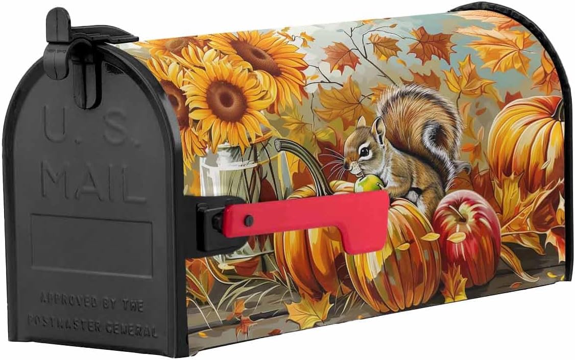 Thanksgiving Fall Mailbox Covers Magnetic Standard Size,Orange Pumpkins Squirrel Sunflower Painted Decorative Post Letter Numbers Box Decoration Covers Large Accessories for Garden Yard Outdoor Décor
