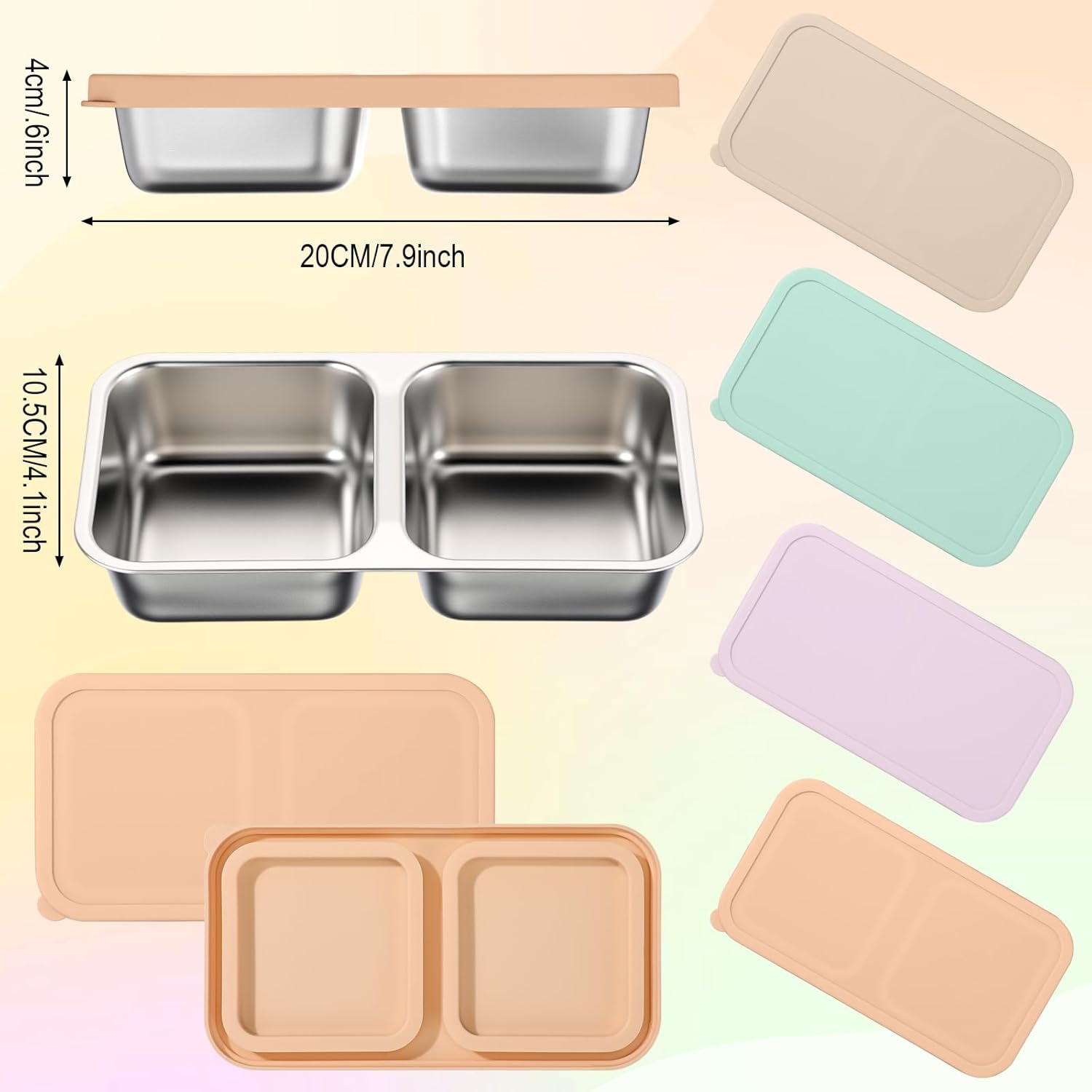 8 Pack 2-Compartment Stainless Steel Snack Containers Include 8 Silicone Lids and 8 Box Bodies Reusable Stackable Box for Adult Work, Travel & Camping 7.9 x 4.1 x 1.6 Inch (Morandi)