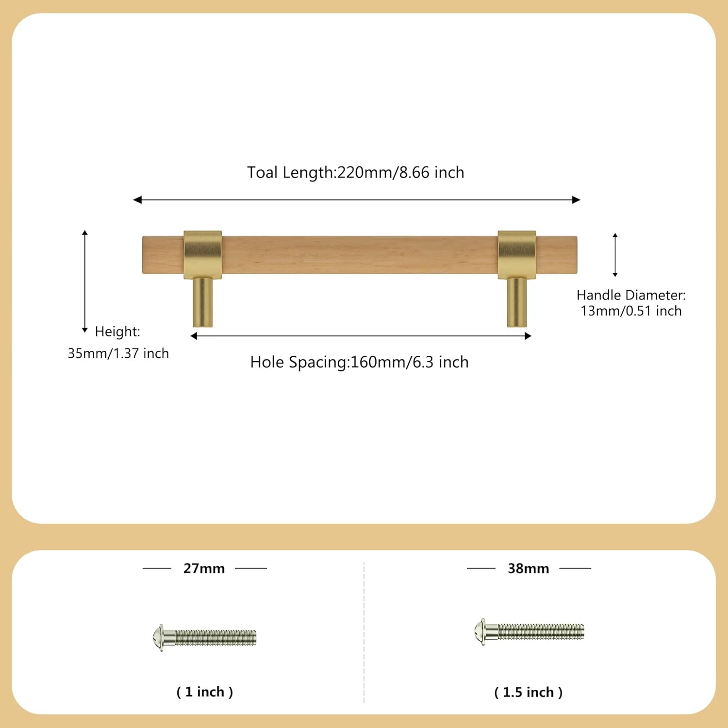 Wooden Drawer Pulls,6-Pack Beech Wood Drawer Handles 6.3in,Suitable for Kitchen, Living Room, Bedroom, Bathroom and Other Scenes,Gold
