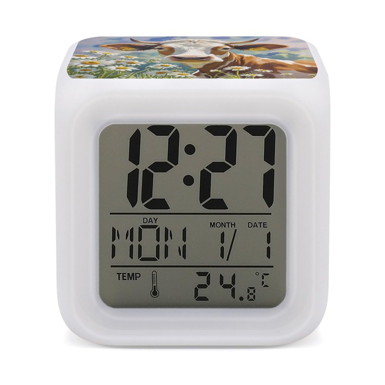 LZQPOEAS Watercolor Cow and Daisy Flower Alarm Clock Desk Clock with 7 Color Changing Night Light Digital Clocks with Temperature Display Sleep Training and Sound Machine for Heavy Sleeper