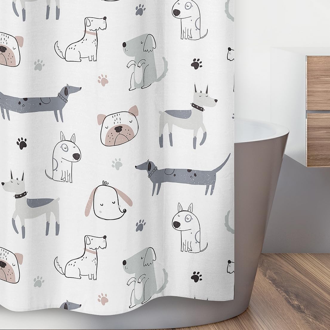 Sweet Jojo Designs Duschvorhang, Uni, geschlechtsneutraler Stoff, Badezimmer, Dekoration, Bad, Baby, Kind, Teenager, Kinder, 183 x 183 cm, Grau, Taupe, Blau, modern, Welpe, Aquarell, Welpen,
