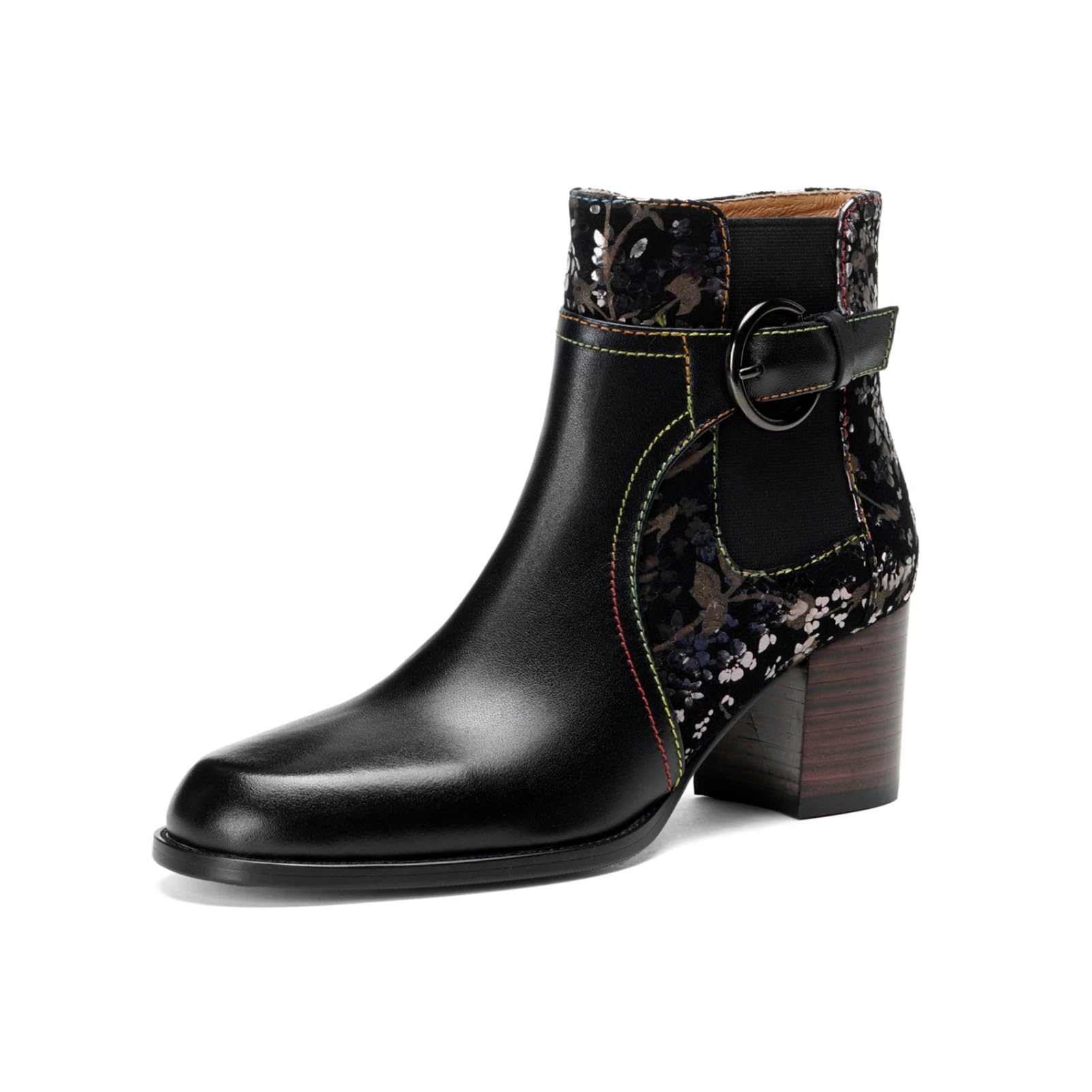 TinaCus Womens Floral Ankle Boots Round Toe Genuine Leather Handmade Mid Heels Zip up Booties with Buckle