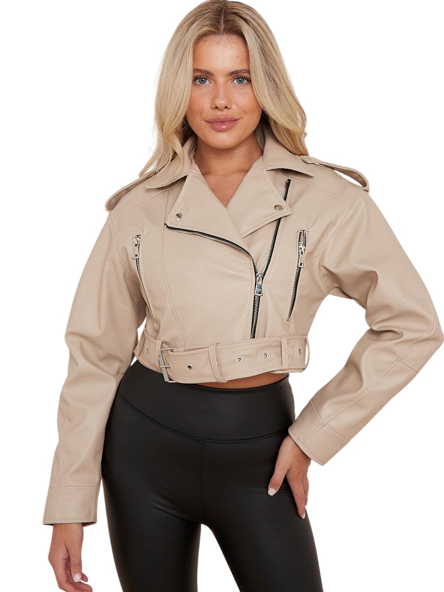 RAIS Women's Biker Faux Leather Jacket Cropped Short Belted Zip Up