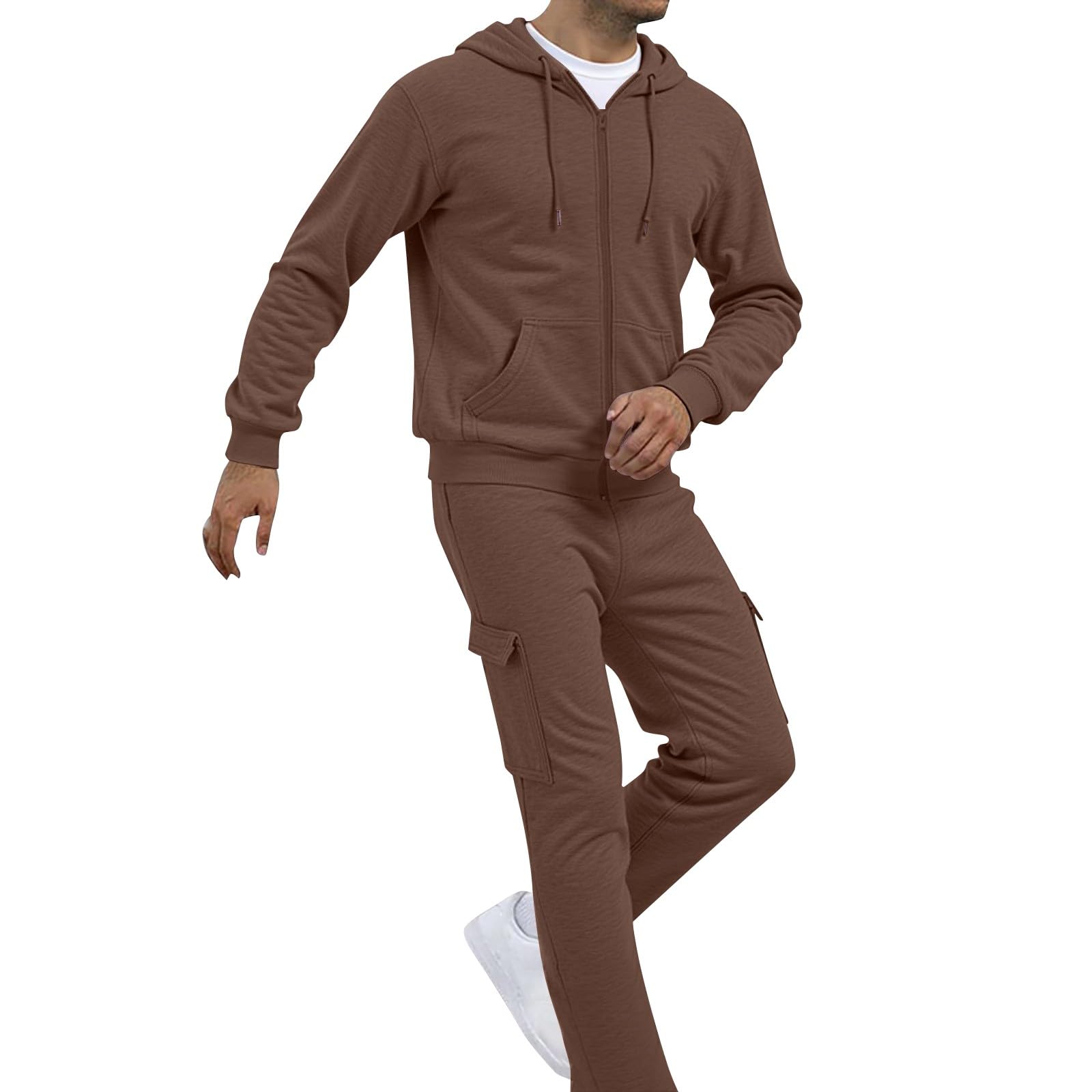 Tuta da uomo con cappuccio, tuta da jogging da uomo a maniche lunghe | Felpa con cappuccio e cerniera, tinta unita, con coulisse e tasche, stile cargo, casual, con tasche, per il tempo libero