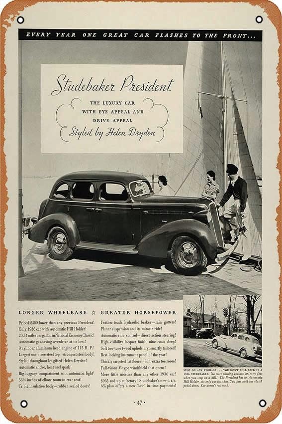 1936 Ad Studebaker President Automobile Model Helen Dryden Design Port FT4 Tin Sign Retro Kitchen Restaurant Bathroom People Cave Farm Wall disponible en Yaxa Colombia