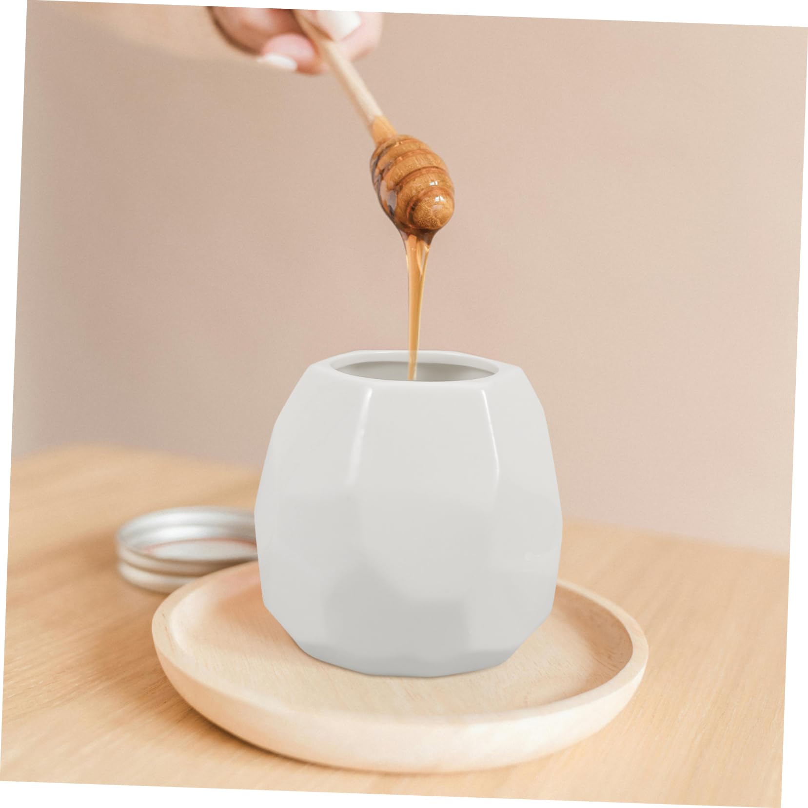 COLLBATH Keramik Honigglas mit Deckel 200ml und Holzlöffel, Weiß