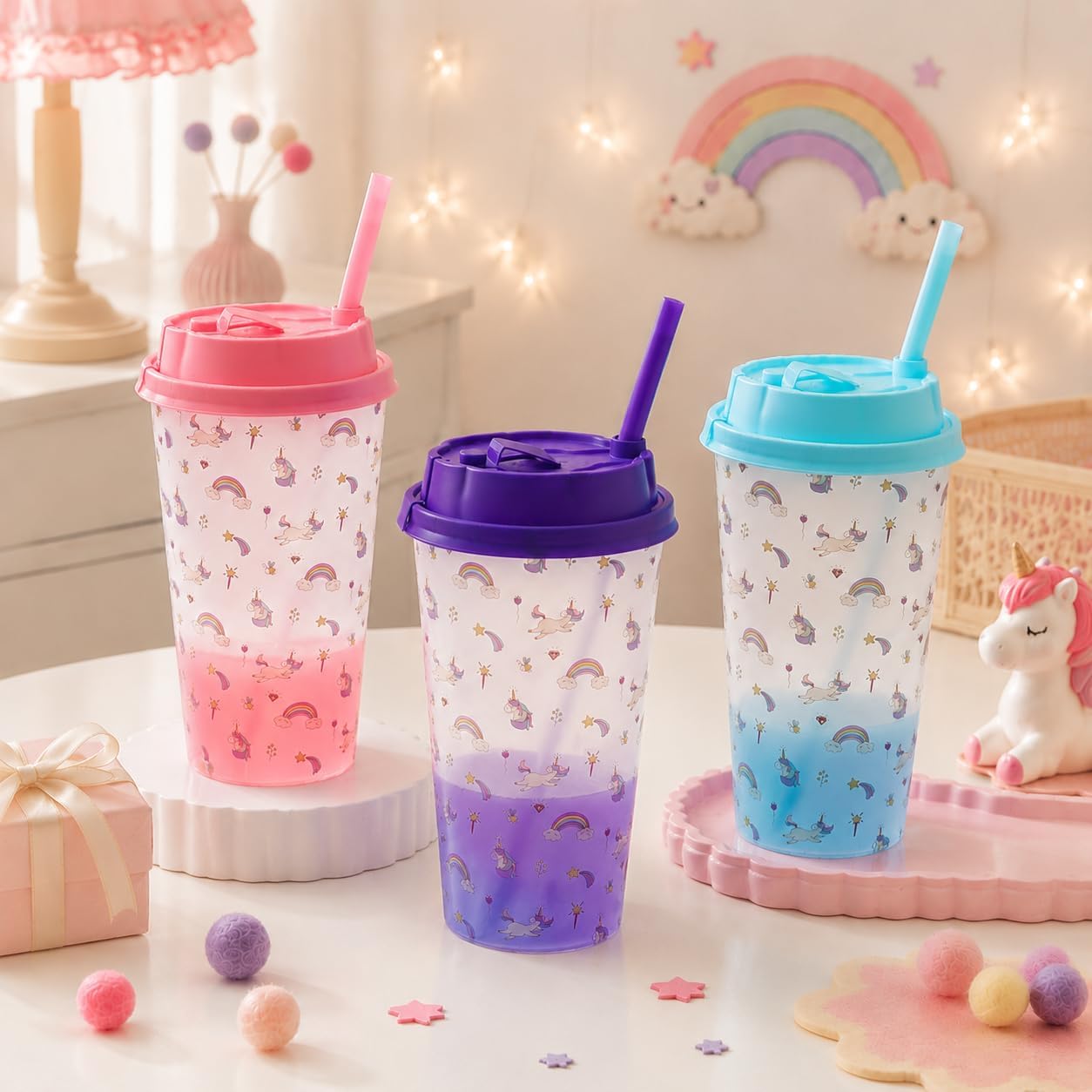12 Pcs Unicorn Party Favors 16oz Plastic Cups with Lids and Straws