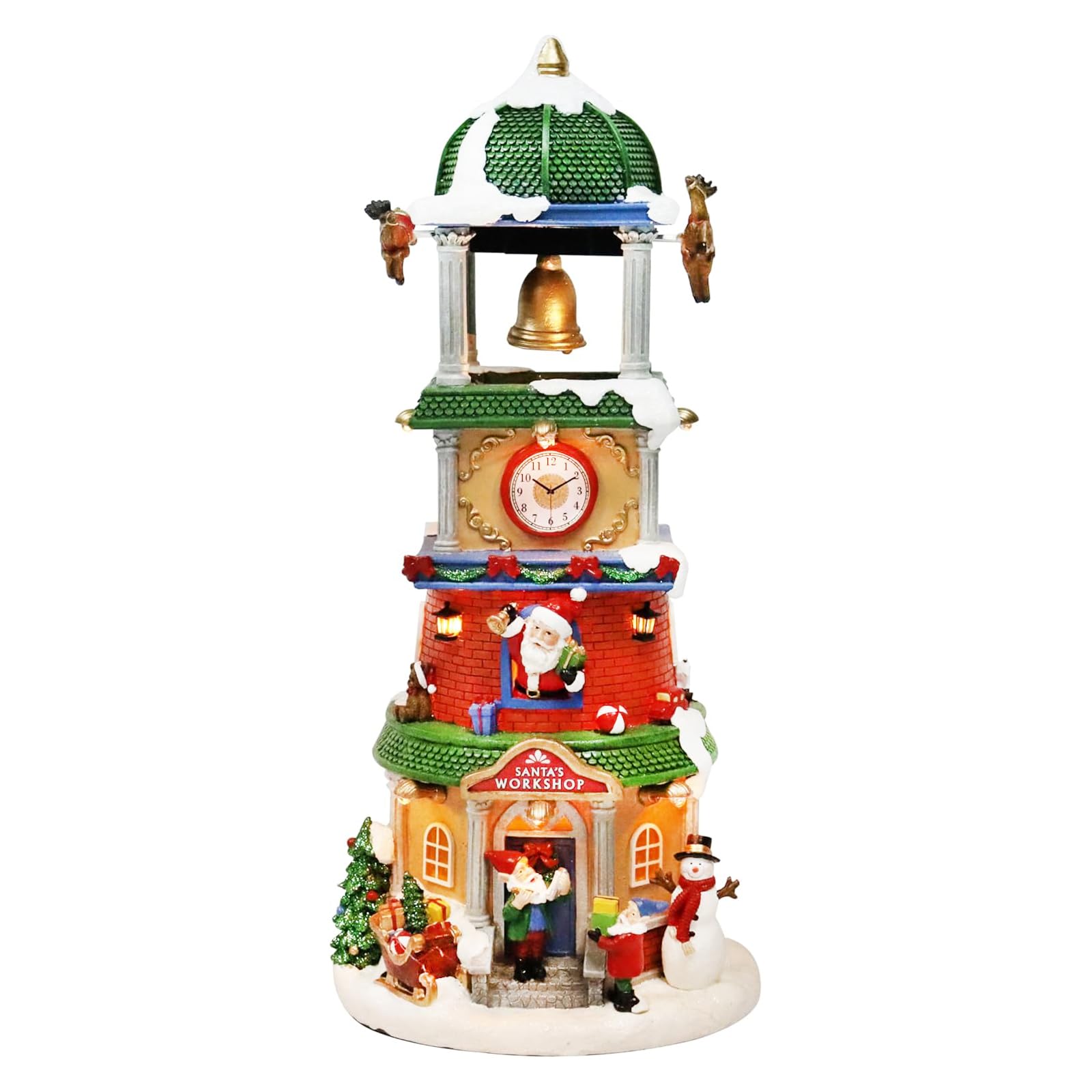 Moments In Time Multiple Colors 13.8”H Clock Tower With Animated Reindeer & Bell Led Lightup & Music Christmas Village Table Decor