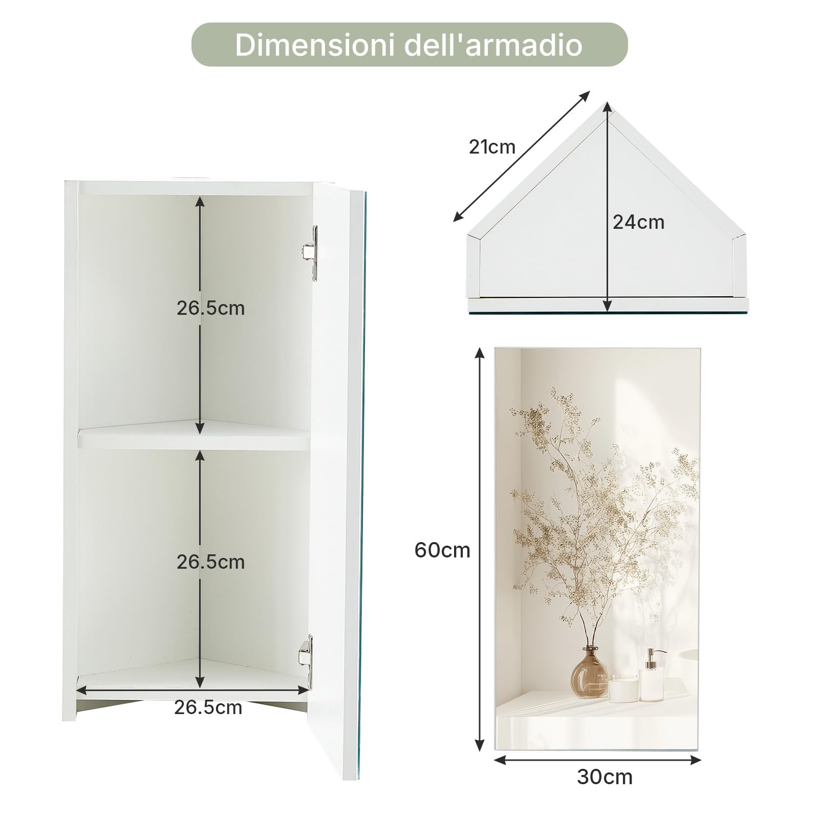 LEMROE Armadio con Specchio Angolare da Bagno - Mobile da Toilette a Muro con 2 Ripiani, Design Compatto, in MDF Resistente all'Umidità, 30 x 24 x 60 cm
