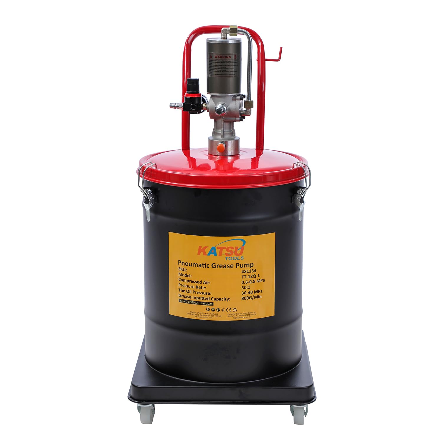 KATSU Tools Bomba de Grasa Neumática 40L Bomba de Engrase con Aire a Presión Dispensador de Pistola de Grasa de Aire Portátil con 12ft Manguera, 450 Bar, para Maquinaria de Automóviles y Camiones