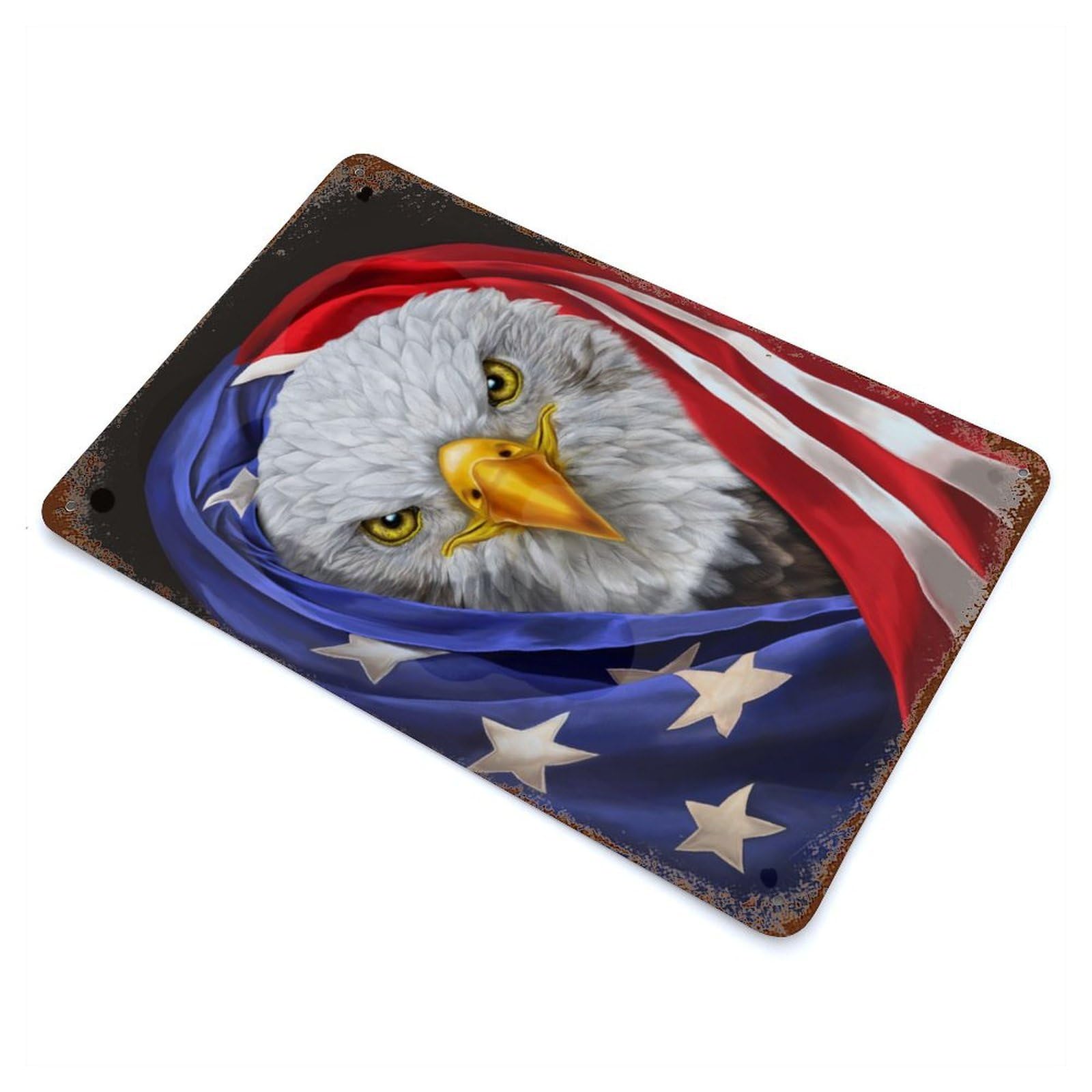 Aged Metal Wall Plaque with Bald Eagle USA Patriot Design 11.8"x7.9", for Basement, Hobby Room And Garage Decor, Farmhouse Wall Decor