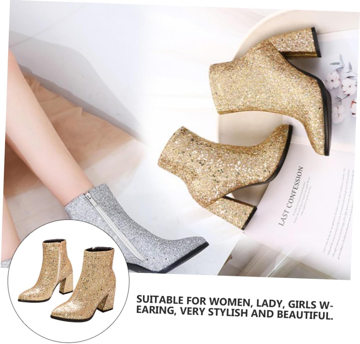 [ROMISBABA] 秋冬用レディースアンクルブーツ ポインテッドトゥスパンコール付き チャンキーヒール滑り止めラバーソール ウィ