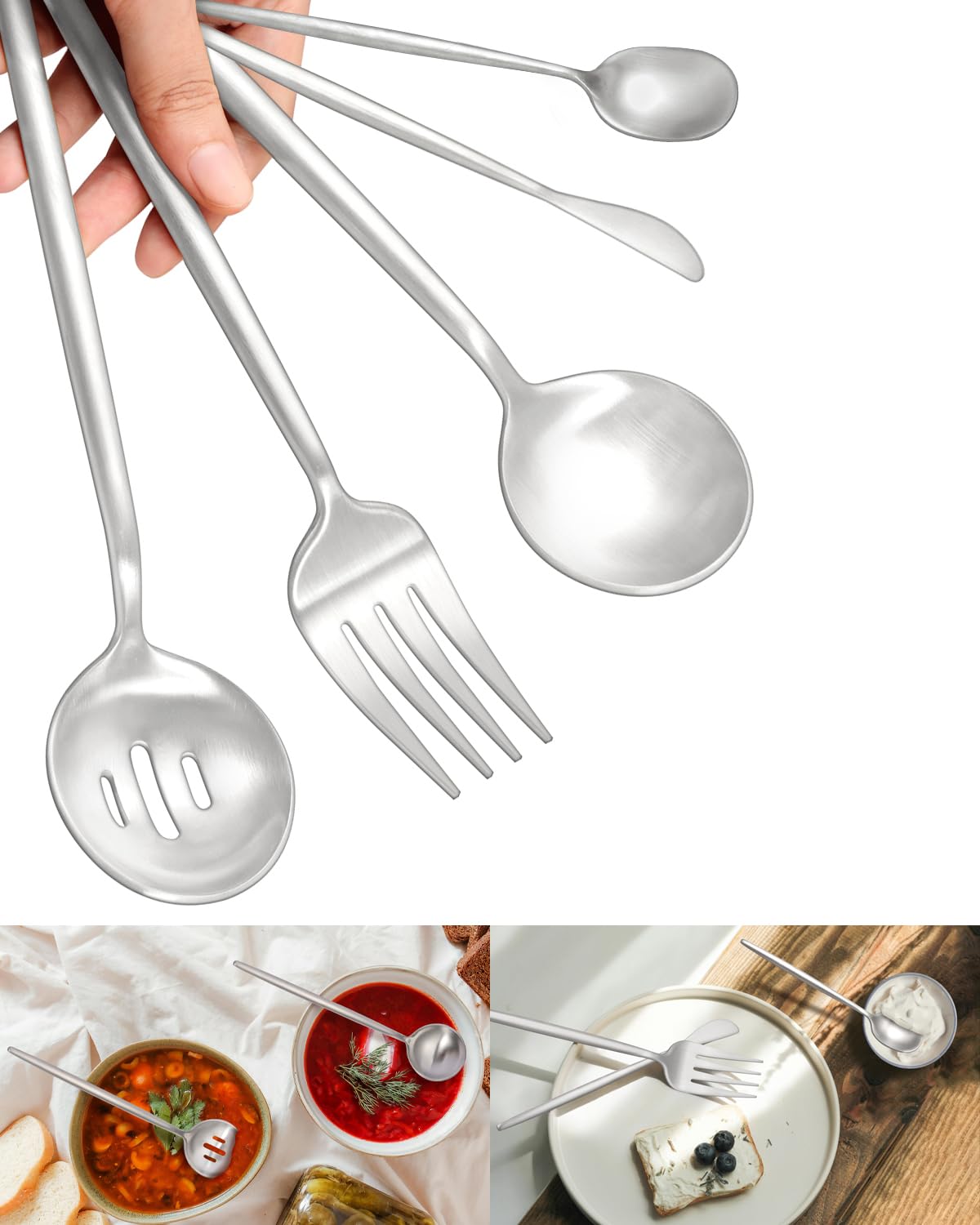 Juego de utensilios de servir de acero inoxidable, 5 piezas, aptos para lavavajillas, con cuchara de servir mate, cuchara ranurada, cuchara de sopa, cuchara de azúcar, cuchillo de mantequilla,