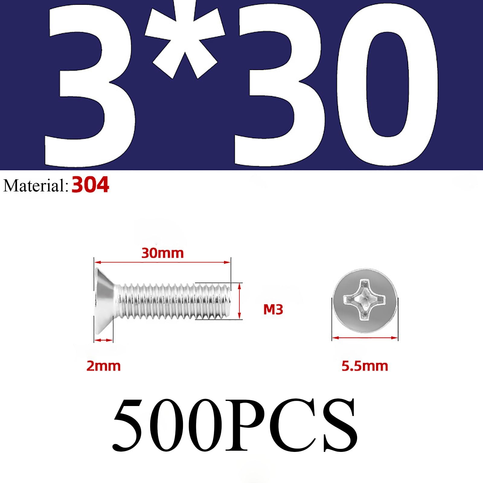 Tornillos para metales, tornillos de cabeza plana, Paquete de 500 tornillos M3 de cabeza avellanada plana con accionamiento Phillips, de acero inoxidable 304, en varios tamaños.(M3*30 500)