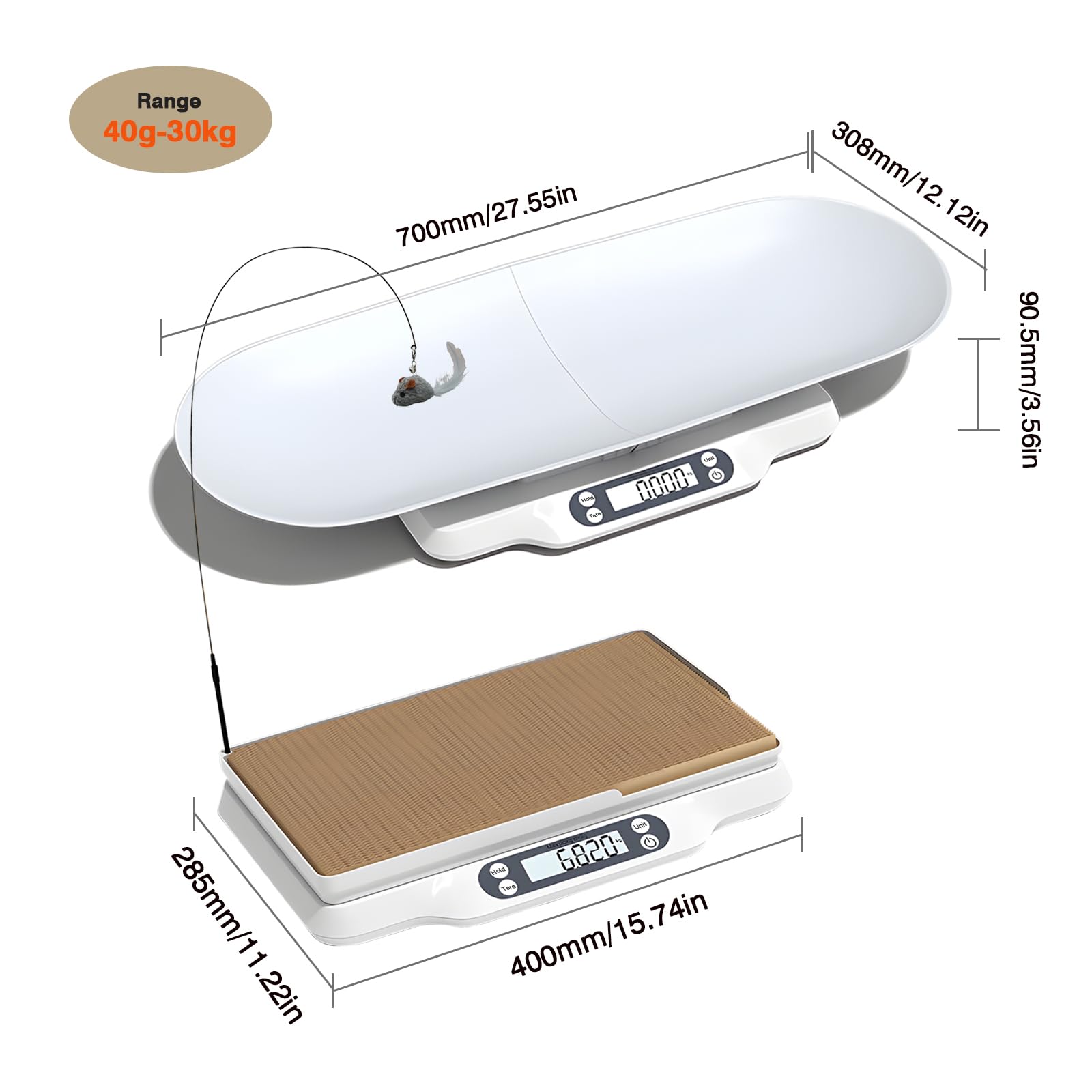 Báscula digital para mascotas con 2 bandejas extraíbles, LCD, 4 modos de pesaje kg/oz/lb/ml