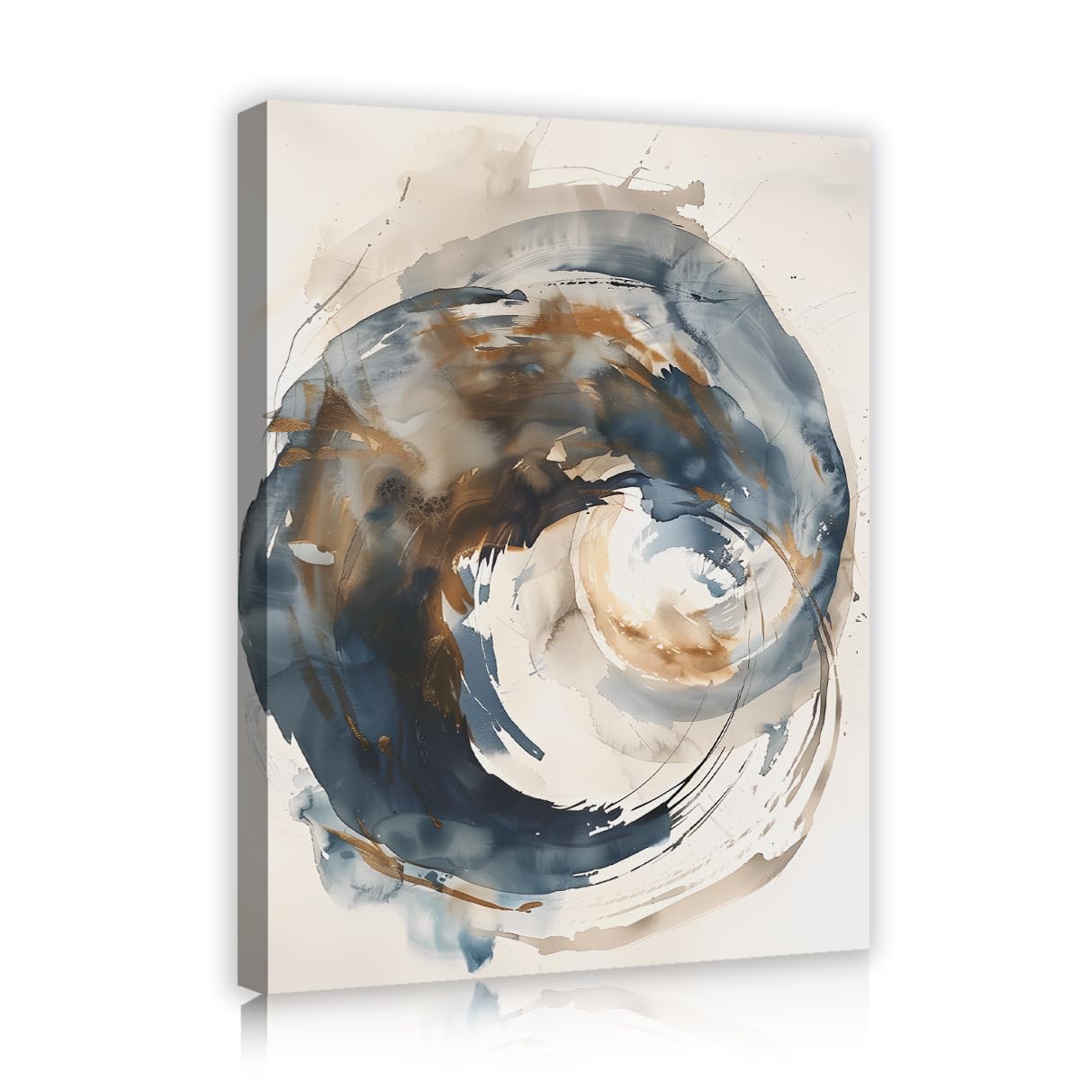 TOANGWALL Abstract Blue Brown Canvas Wall Art Minimalist Swirl Zen Circles Print Modern Ink Splashes Geometric Wave Pattern Framed Mural Pictures for Living Room Office Lounge Decor 50x60cm
