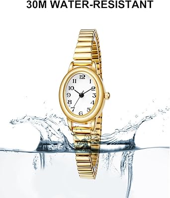 Women's Small Gold Tone Watch Arabic Numerals 2 Sizes S/L 3ATM Waterproof Stretch Band Gift Box, gold, Fashion