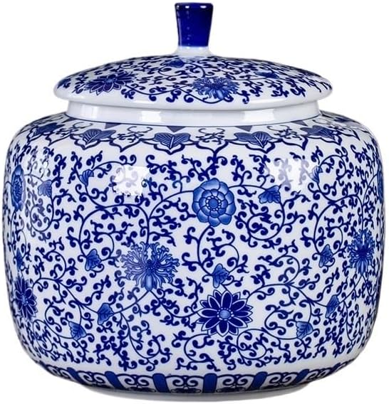 SONGCHAO Sugar Jar Large Blue and White Tea Jar Cloth-Wrapped Ceramic Sealed Black Pu'er Tangerine Peel Bulk Storage Tea Canister(B)