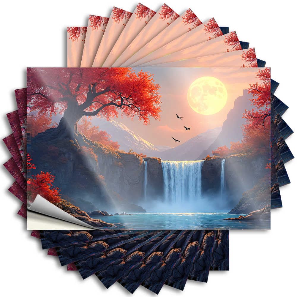 Abipuir Car Stickers Funny Full Moon Over The Autumn Waterfall Stickers 10Pcs Kawaii Car Stickers Decals for Cars(8X12CM)