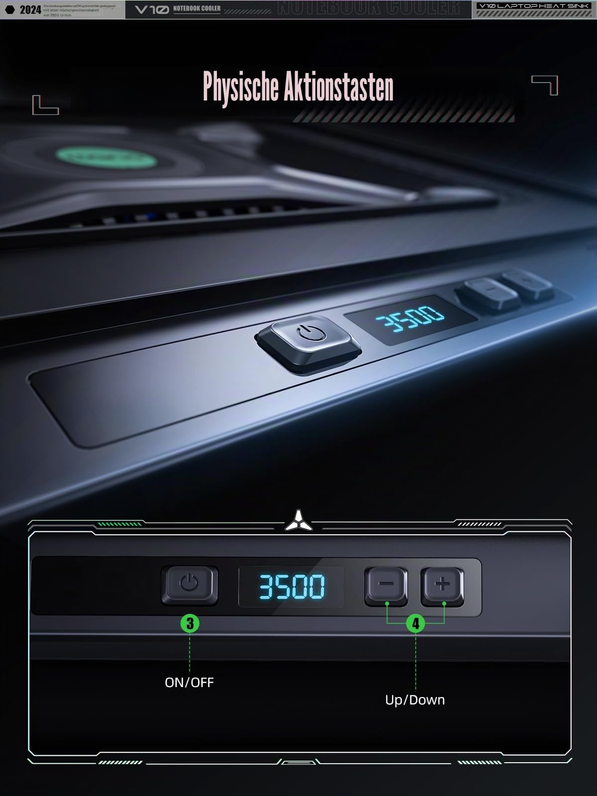 llano Gaming Laptop Kühler Kühlpad mit 3500RPM Turbofan 4,72'' externem Lüfter Ständer verstellbare Geschwindigkeit Tastensteuerung Dichtschaum schnelle Kühlung Laptops 13-17,3'' KEIN RGB NO Ports