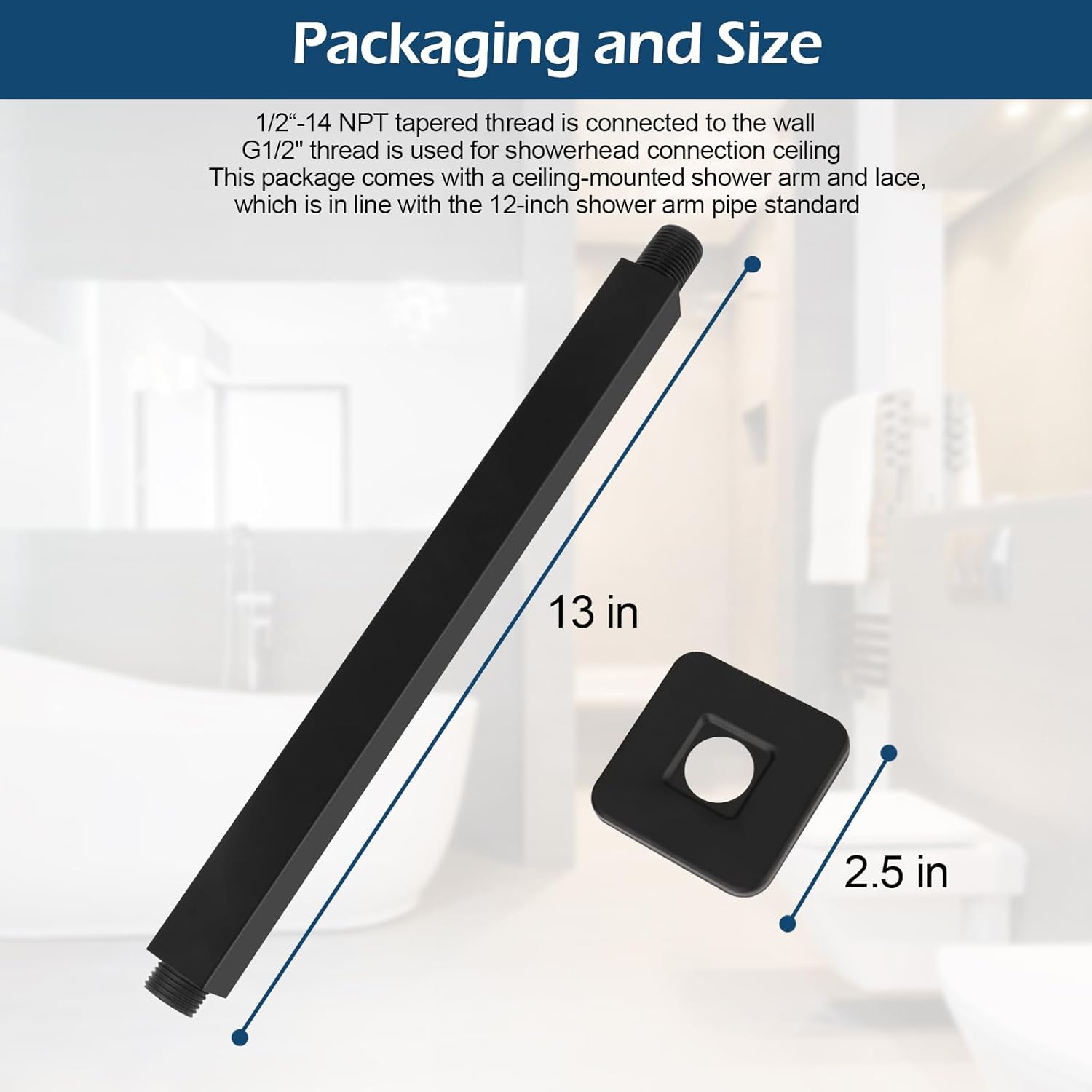 Ceiling Mounted Arm With Flange, Black Ceiling Shower Arm 12 Inch - Universal Connection 1/2 Npt Straight Square Arm For Fixed Rain Shower Head