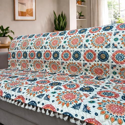 Image of Homerz Premium Printed Quilted Velvet Sofa Slip Cover Protector with Tassels, Sofa Mat, Exact Size, Antislip Cover (Mosaic, 3 Seater, Full)
