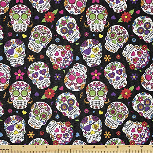 Ambesonne Sugar Skull Fabric by The Yard, All Souls Day Floral Colorful Sugar Skulls Flowers on Dark Background Print, Stretch Knit Fabric for Clothing Sewing and Arts Crafts, Multicolor