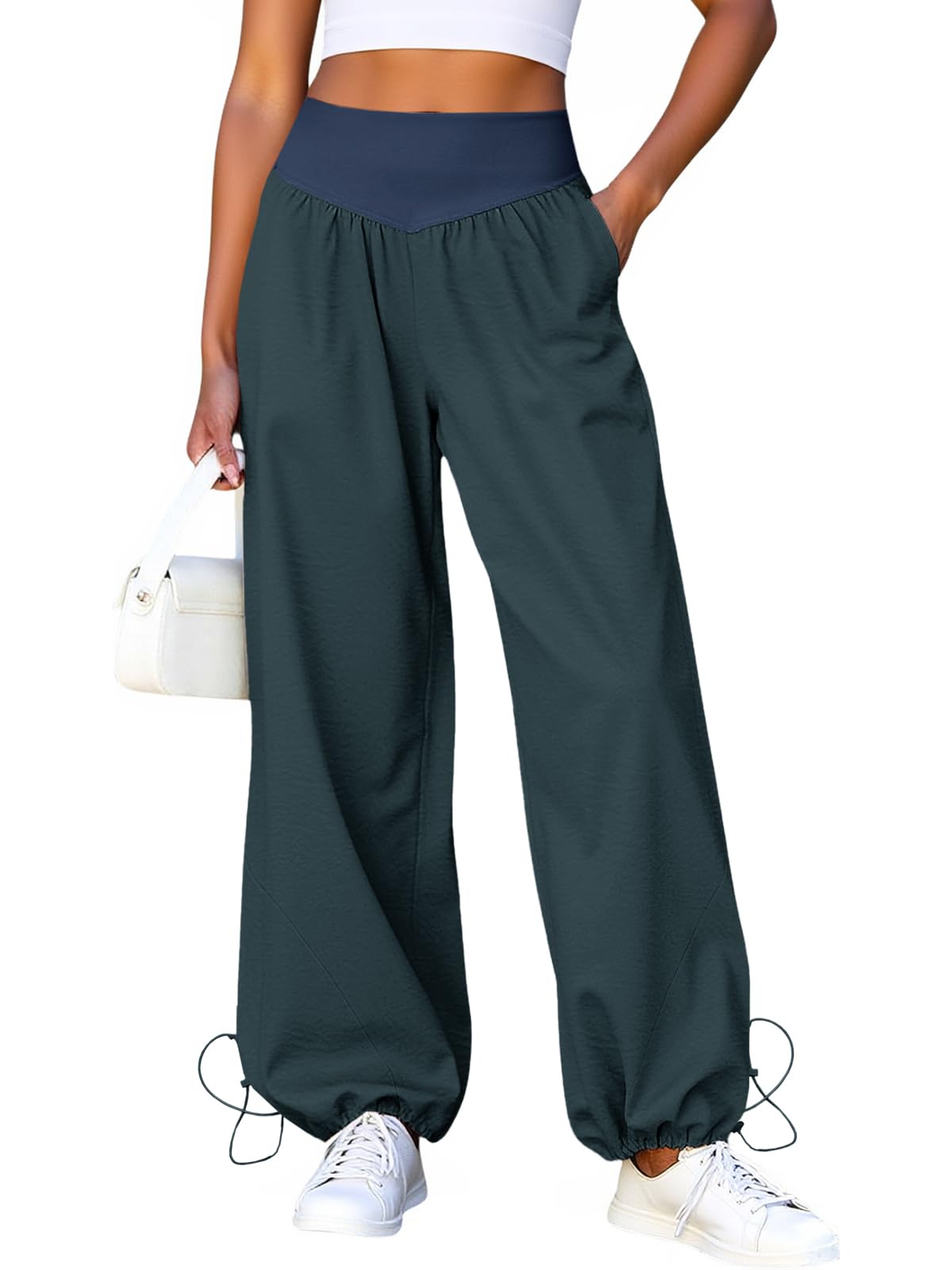 Fisoew Damen Hose mit weitem Bein Lässige Baggy Trainingshose mit hoher Taille Lounge Hose mit Taschen und Kordelzug am Saum