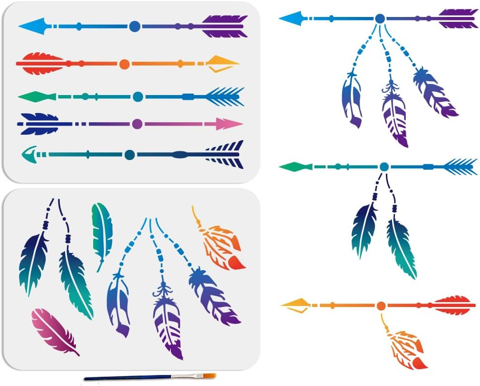 MAYJOYDIY 2 A4 Tribal Feathers Stencils Splicing Style Feathers Bow Arrow Stencil with Brush 29.7 x 21 cm Boho Decorative Arrow Drawing Stencil for Canvas Wall Furniture Decor DIY Crafts