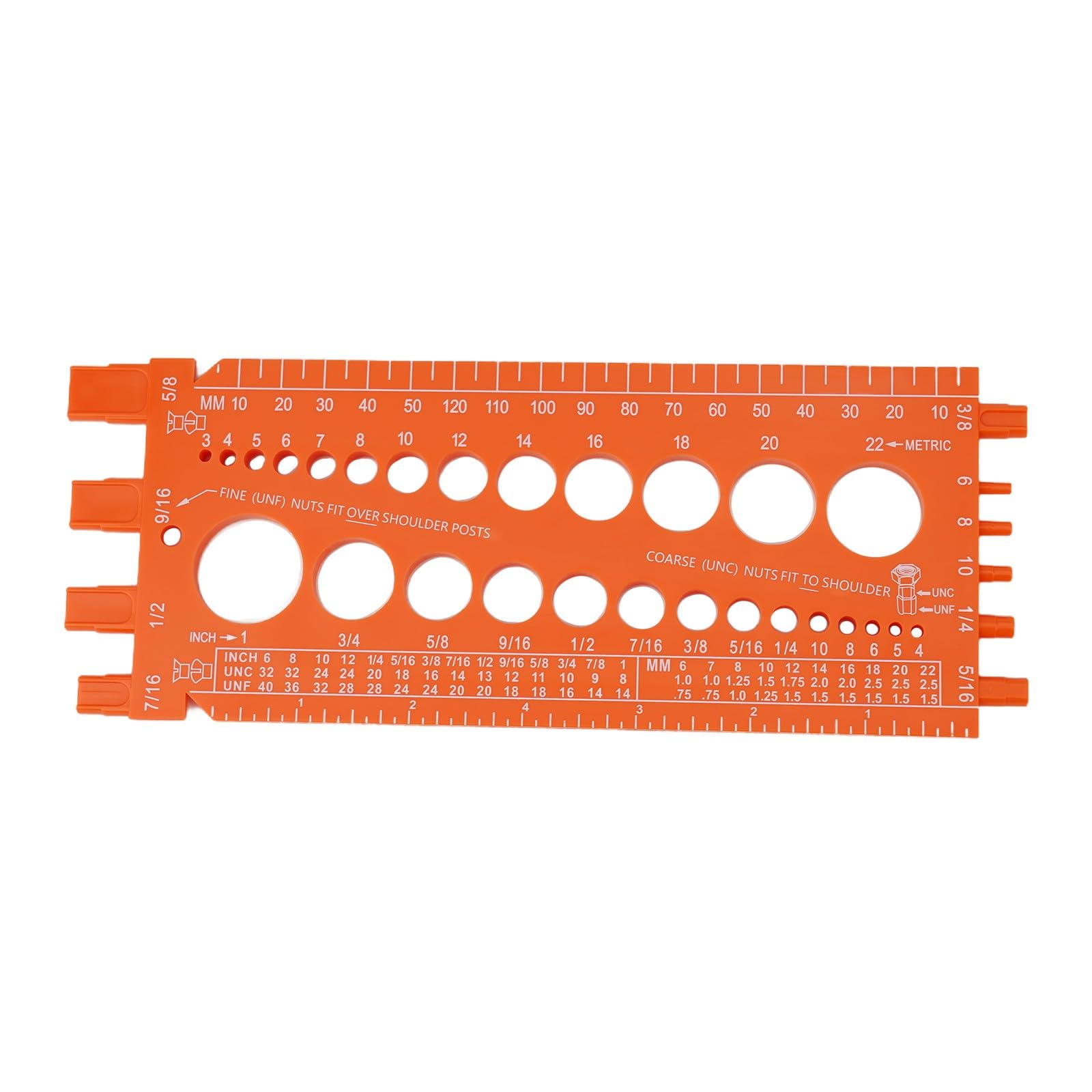 Mesure métrique et fixations | Boulon, vis, écrou, jauge de foret | Filetage avec diamètre, pas, longueur | Plastique, 21 cm pour orange