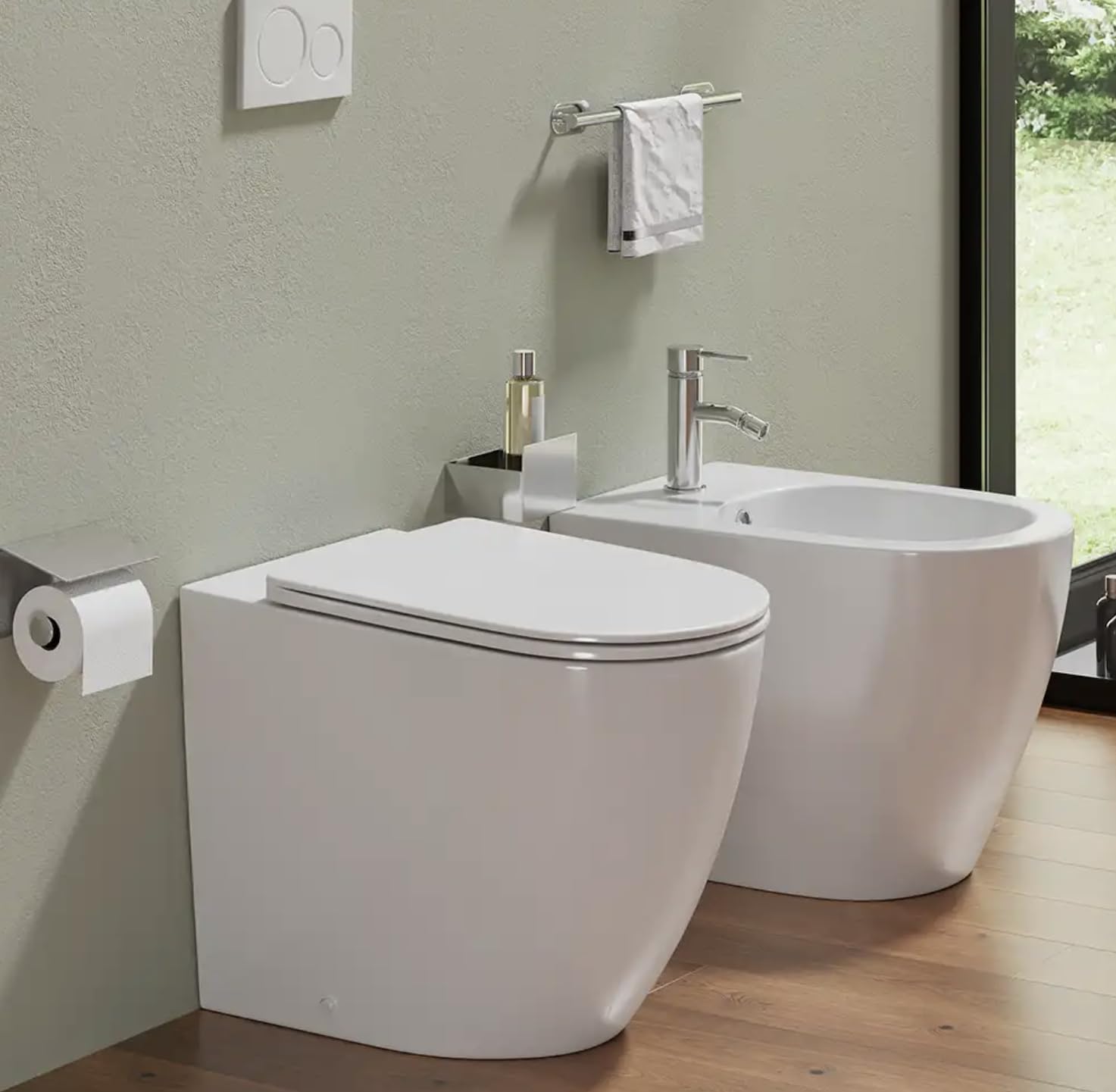 Sanitari filomuro in ceramica bianco lucido vaso rimless con copriwc soft-close e bidet OASI (52 cm)
