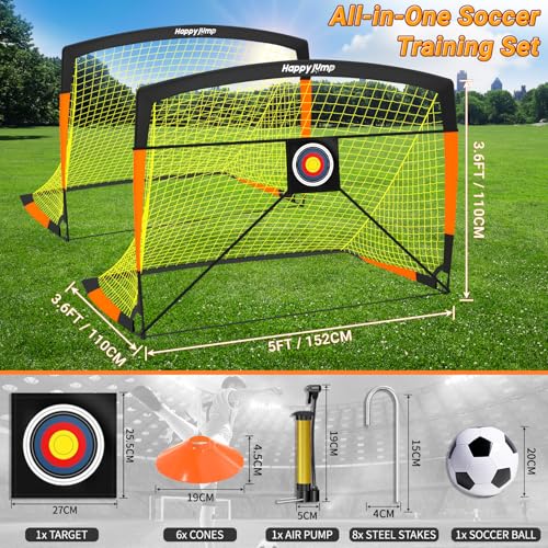 Happy Jump Pop-Up Fußballtore – 152x110 cm, 2 Tore, Schwarz Orange mit Ball, Pumpe, Hütchen & Zielscheibe | Komplettes Training-Set für Garten & Familie
