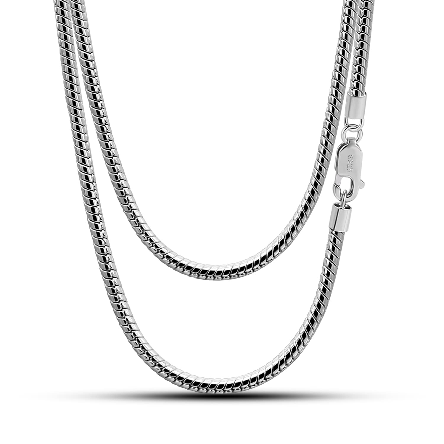 H&Beautimer Classic Unisex 925 Sterling Silver Necklace 3-4MM Round Snake Chain Necklace for Men Women - Party Fine Jewelry - Original Silver Link