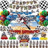 Dirt Bike Birthday Party Decorations Motocross Theme Supplies with Motorcycle Banner, Backdrop, Hanging Swirls, Dessert Inserts and Table Centerpieces