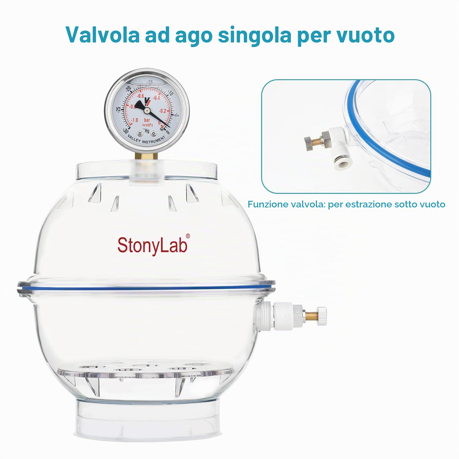 stonylab Essiccatore Sottovuoto in PC, Materiale Rinforzato, Guarnizione in Silicone Affidabile, Sistema a Valvola Singola, Manometro Incluso, Diametro 150 mm, Ideale per Laboratorio