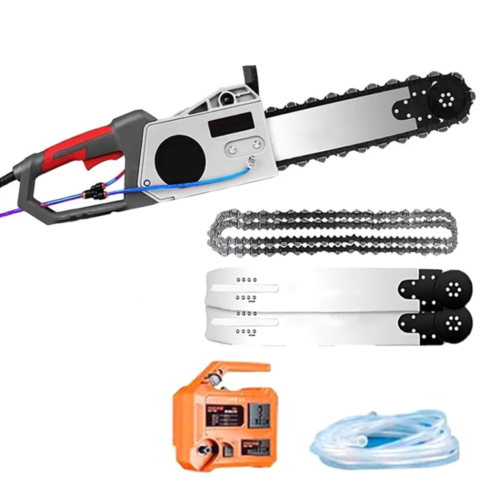 Motosierra eléctrica de mano para hormigón con cadena de diamante, sistema de supresión de polvo con alimentación de agua, incluye 2 cadenas y 2 barras guía, ideal para cortar granito y hormigón arm